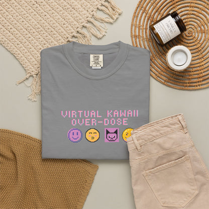 Vaporwave aesthetic t-shirt photographed under neon pink and blue lighting
