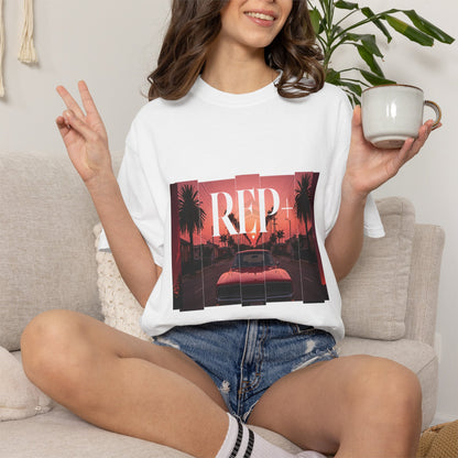 Vaporwave graphic tee with classic red car and split-panel cinematic sunset scene