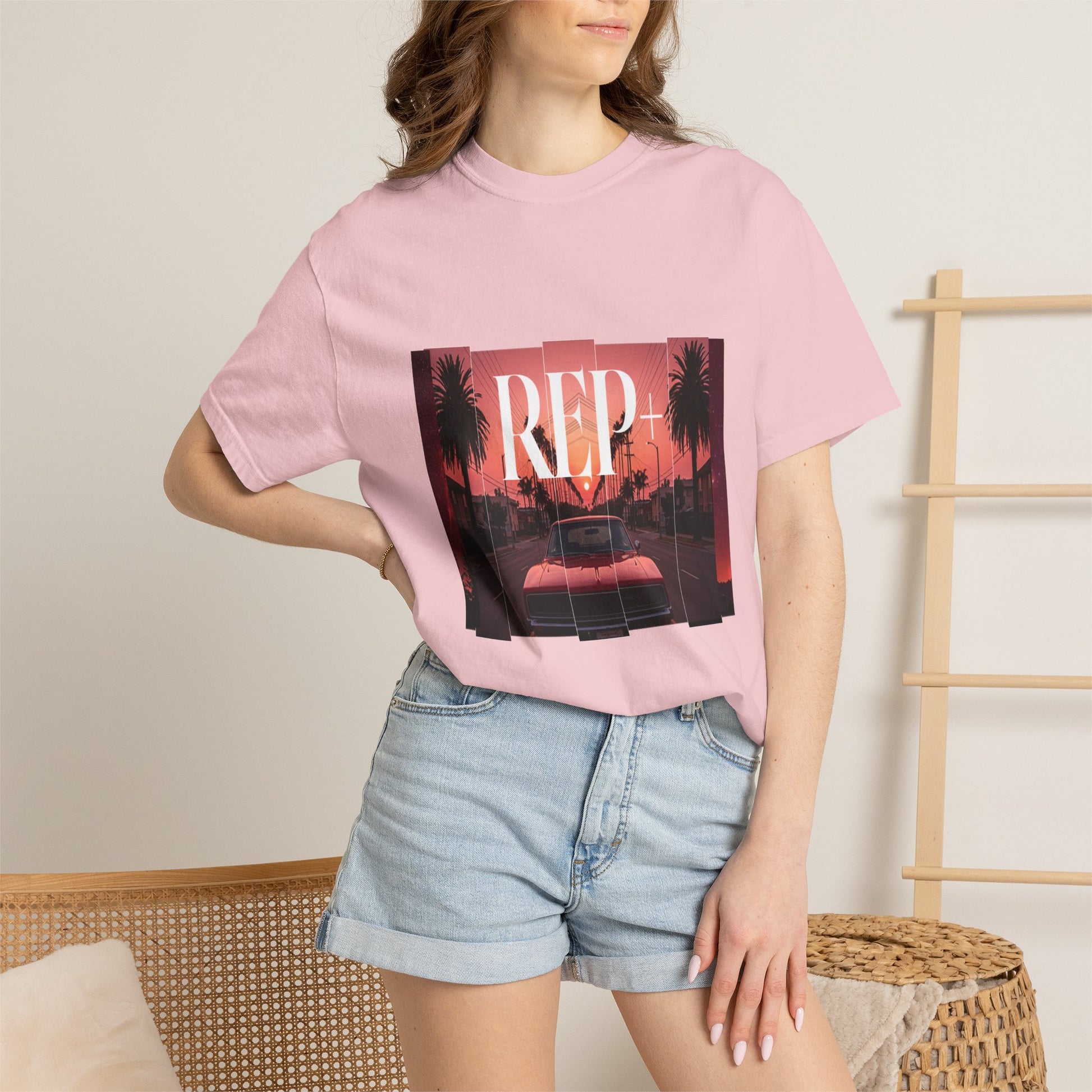 Vaporwave shirt design showing parked convertible and glowing copper West Coast sunset