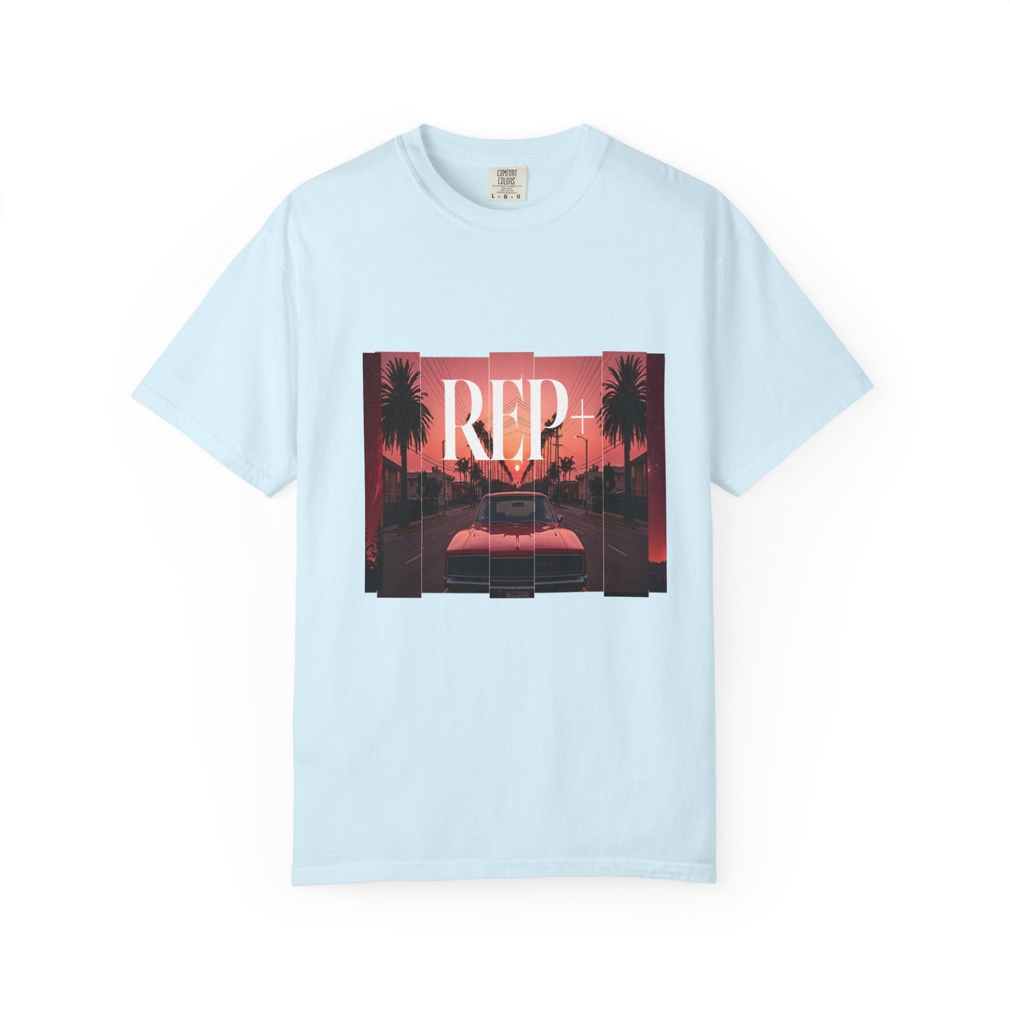 Vice City inspired graphic tee neon sunset sports car coastal collage print
