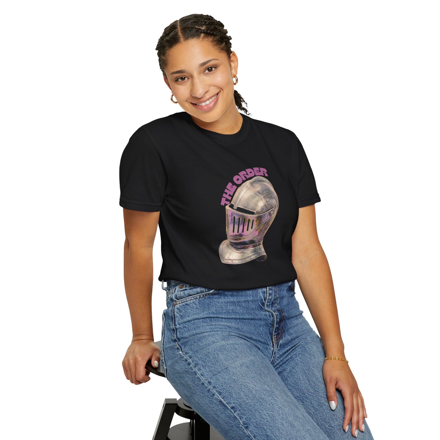 Victorian era knight helmet illustrated tee on model in moody indoor lighting
