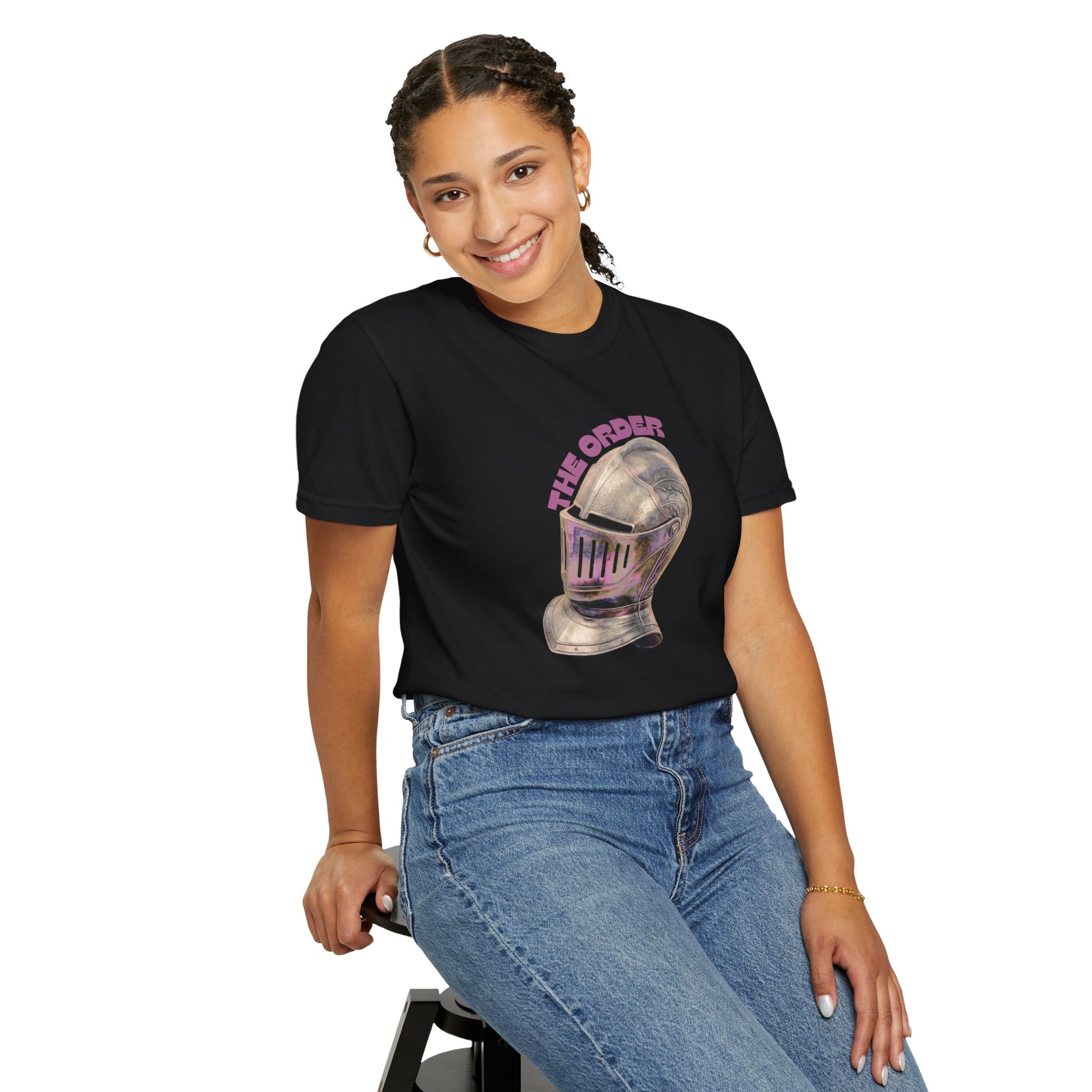 Victorian era knight helmet illustrated tee on model in moody indoor lighting
