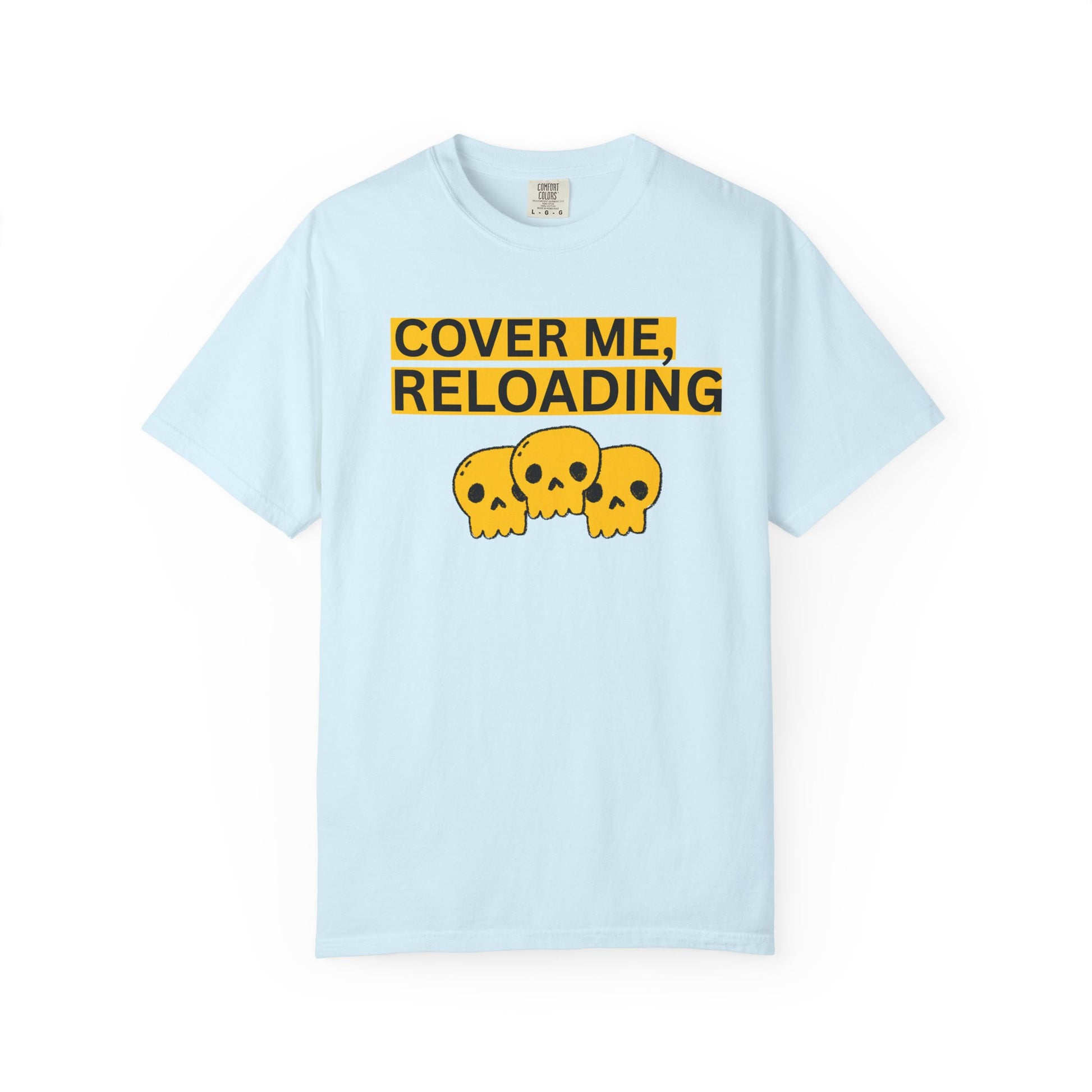 Video game humor tee cover me reloading bold black and yellow skull design