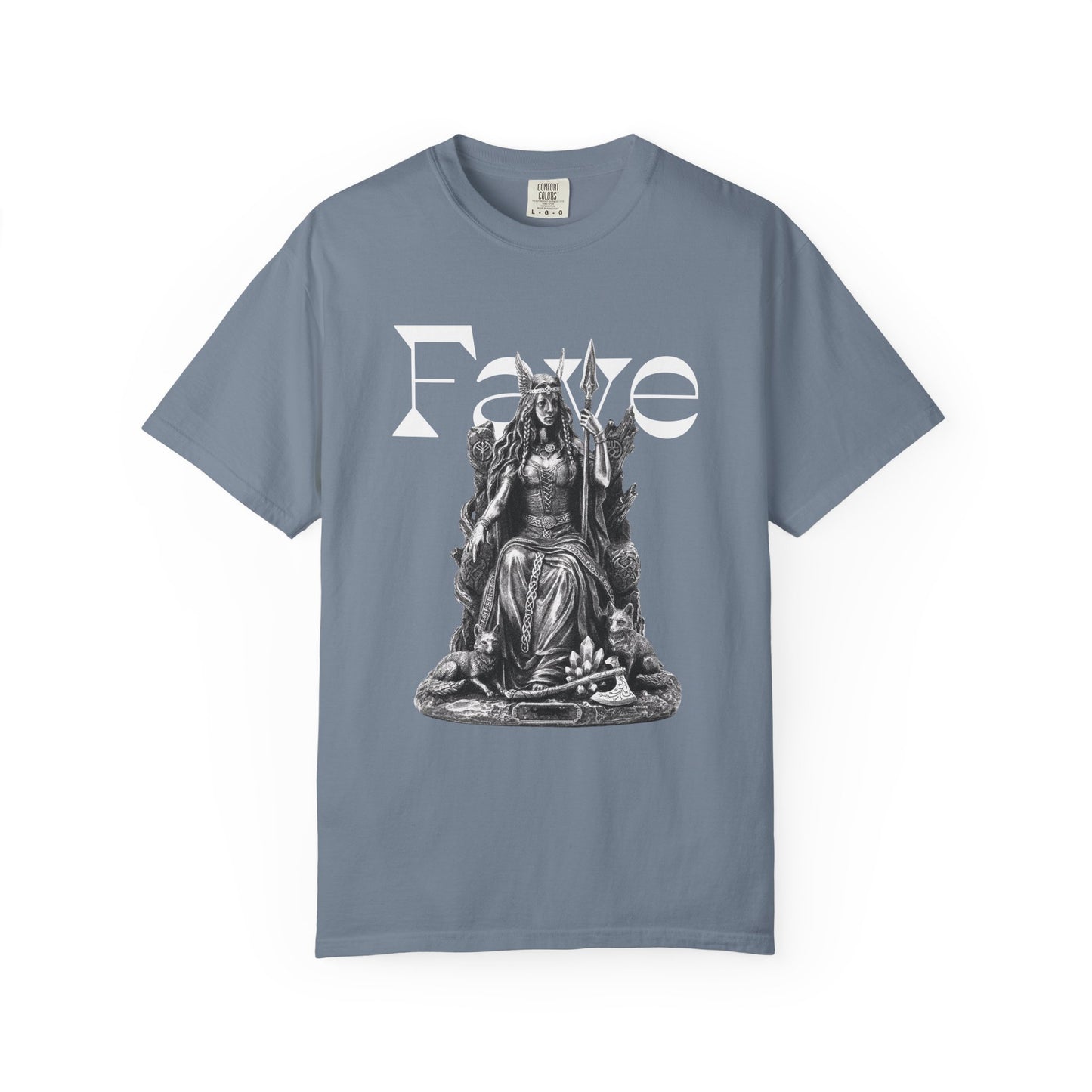Viking mythology t-shirt featuring Freyja with two great cats at her side

