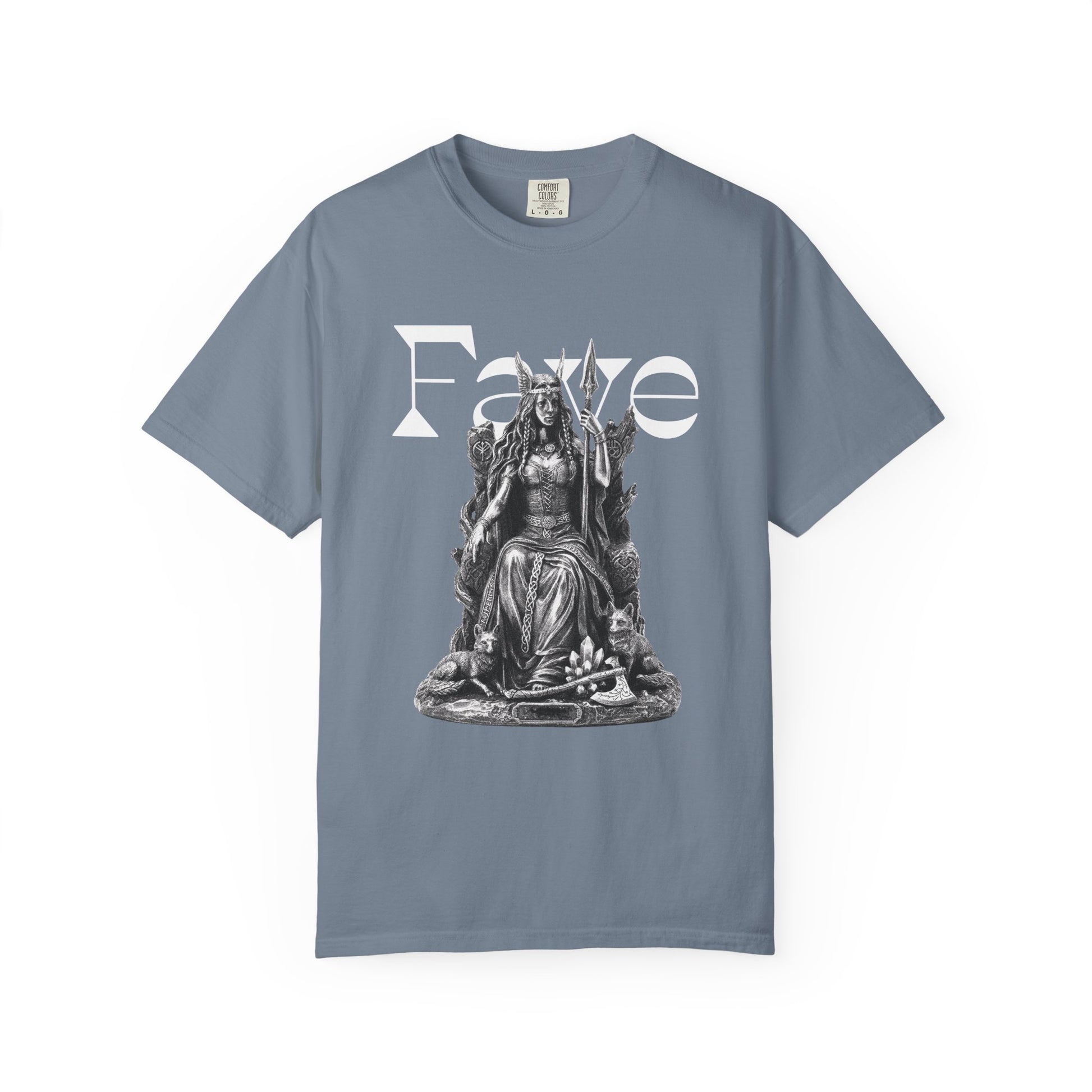 Viking mythology t-shirt featuring Freyja with two great cats at her side
