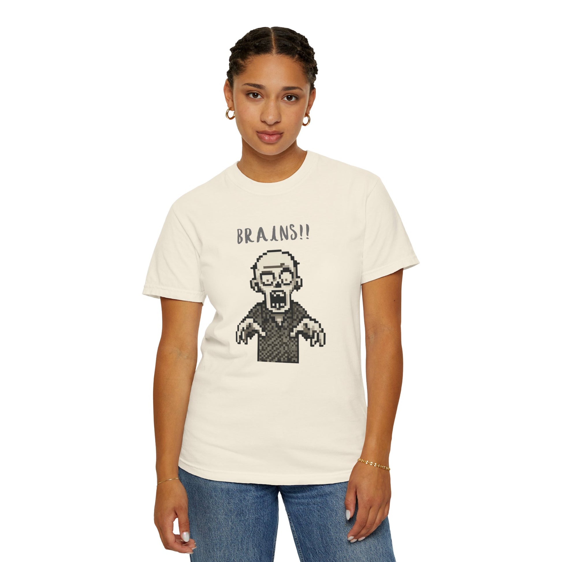 Vintage-feel shirt with zombie pixel art.
