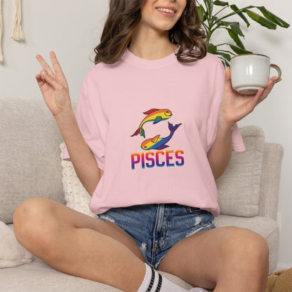 Vintage-style Pisces zodiac t-shirt with distressed graphic elements.