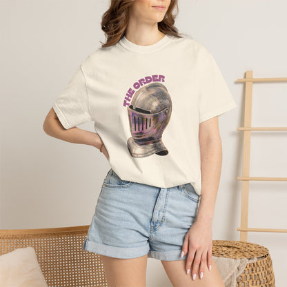 The Order knight helmet shirt worn by male model front faced