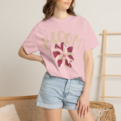 Vintage floral tee side profile on model showing relaxed boxy silhouette and hem drape