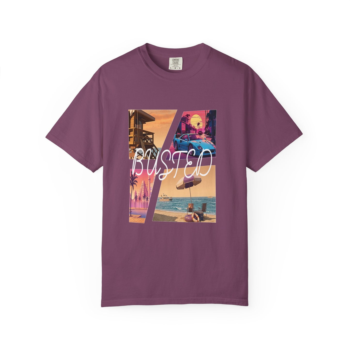 Vintage gaming nostalgia tee with neon beach and palm silhouette