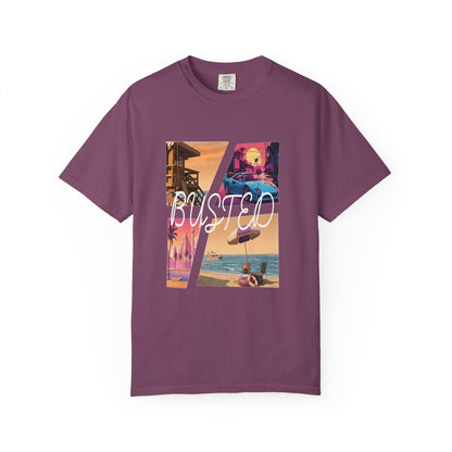 Vintage gaming nostalgia tee with neon beach and palm silhouette