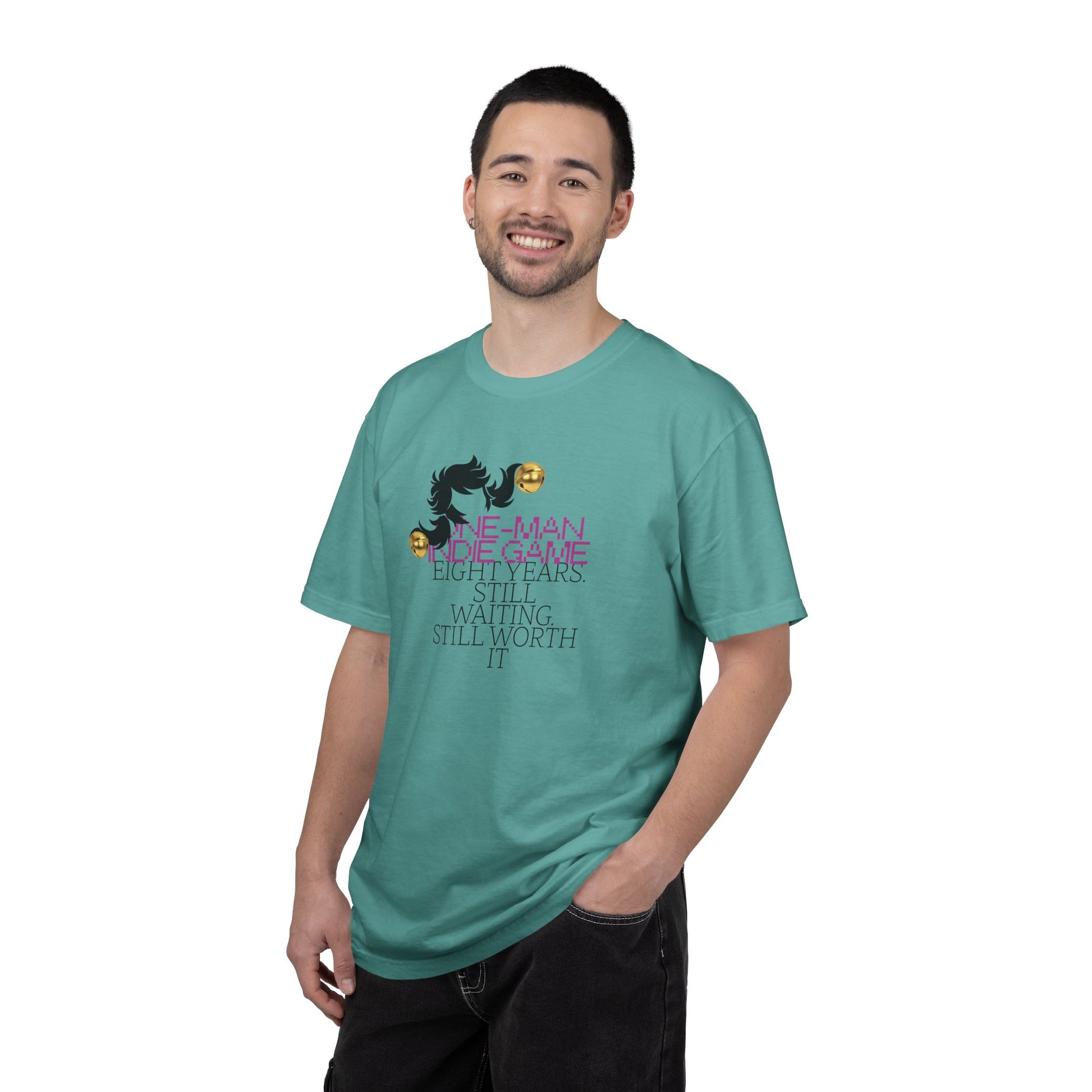 Vintage gaming t-shirt mockup on a female model with an oversized look
