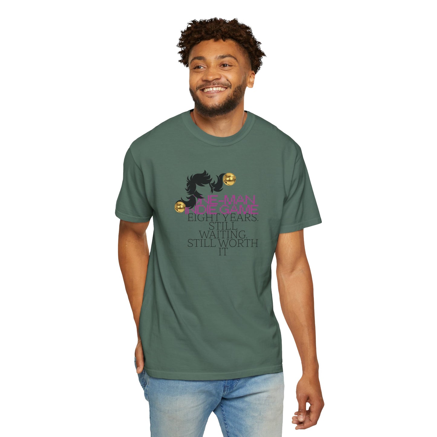 Vintage gaming t-shirt mockup on a male model in a relaxed fit
