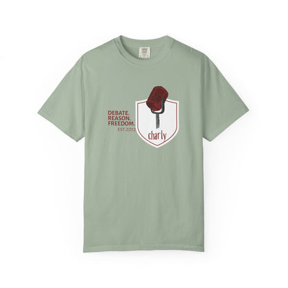 Vintage microphone apparel graphic tee in navy with bold shield print and debate mantra
