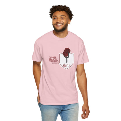 Vintage microphone apparel shield crest print close-up showing bold ink detail on soft ring-spun cotton