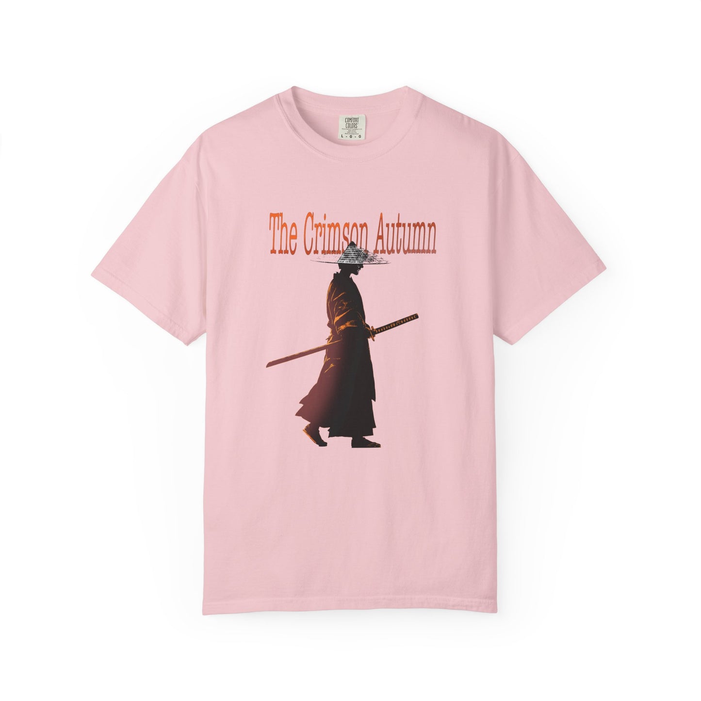 Vintage samurai tee close up of distressed crimson autumn graphic
