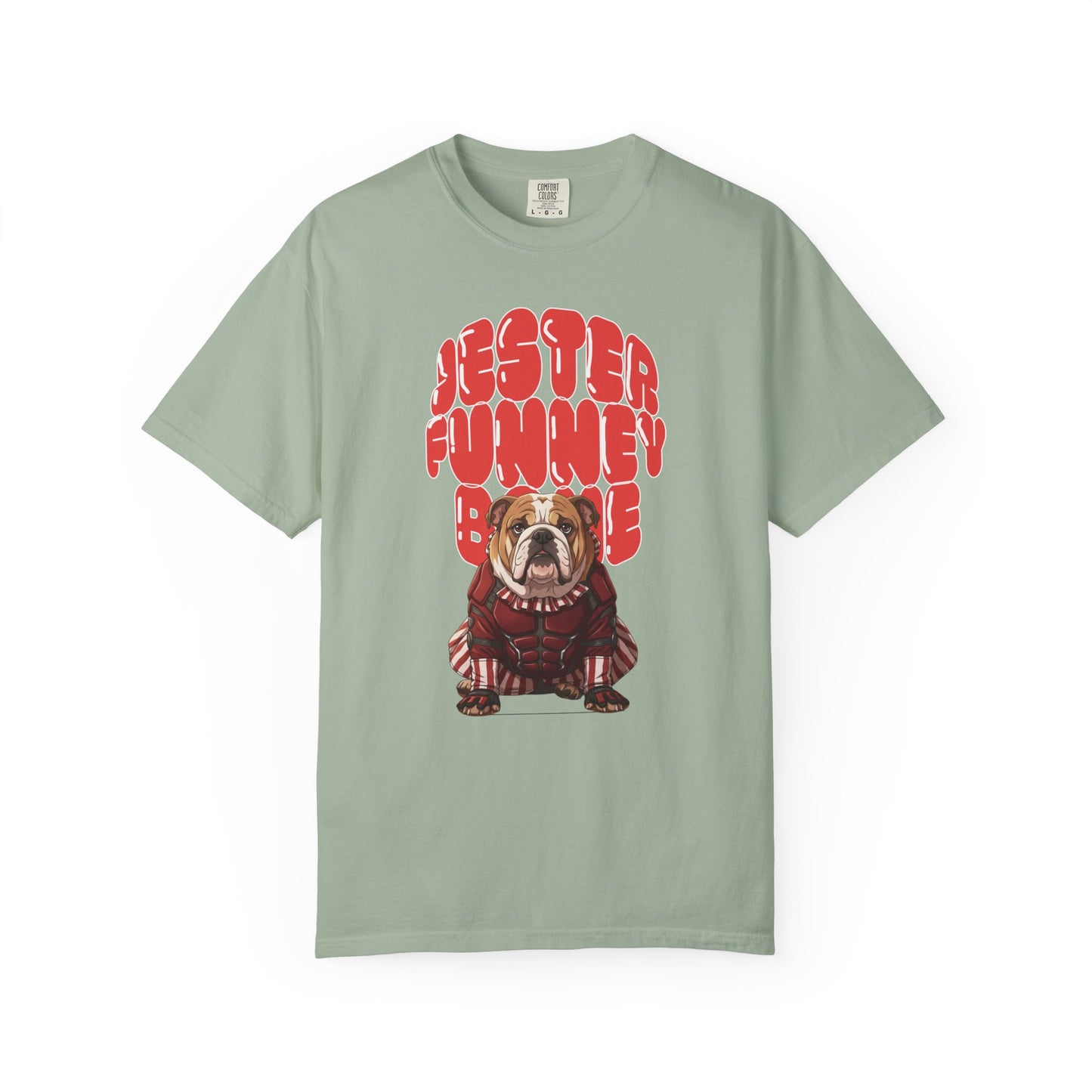 Vintage style jester bulldog t-shirt, Comfort Colors 1717 blank.