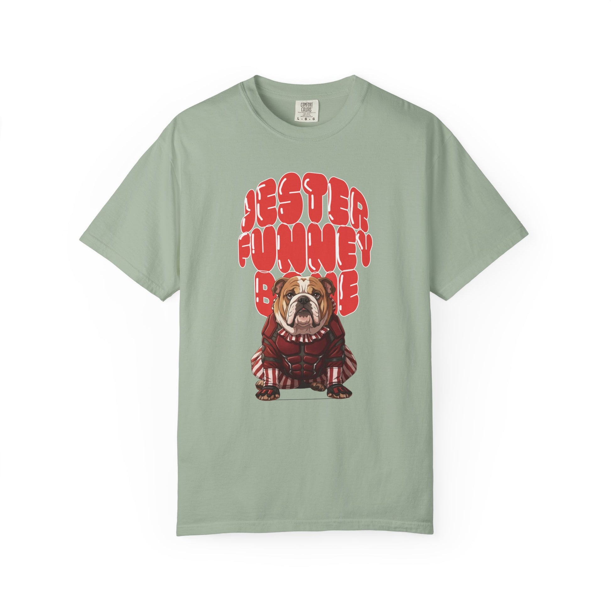 Vintage style jester bulldog t-shirt, Comfort Colors 1717 blank.