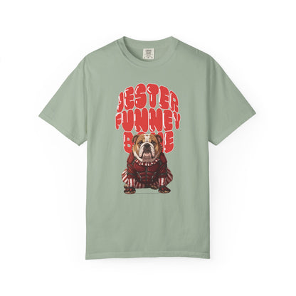 Vintage style jester bulldog t-shirt, Comfort Colors 1717 blank.