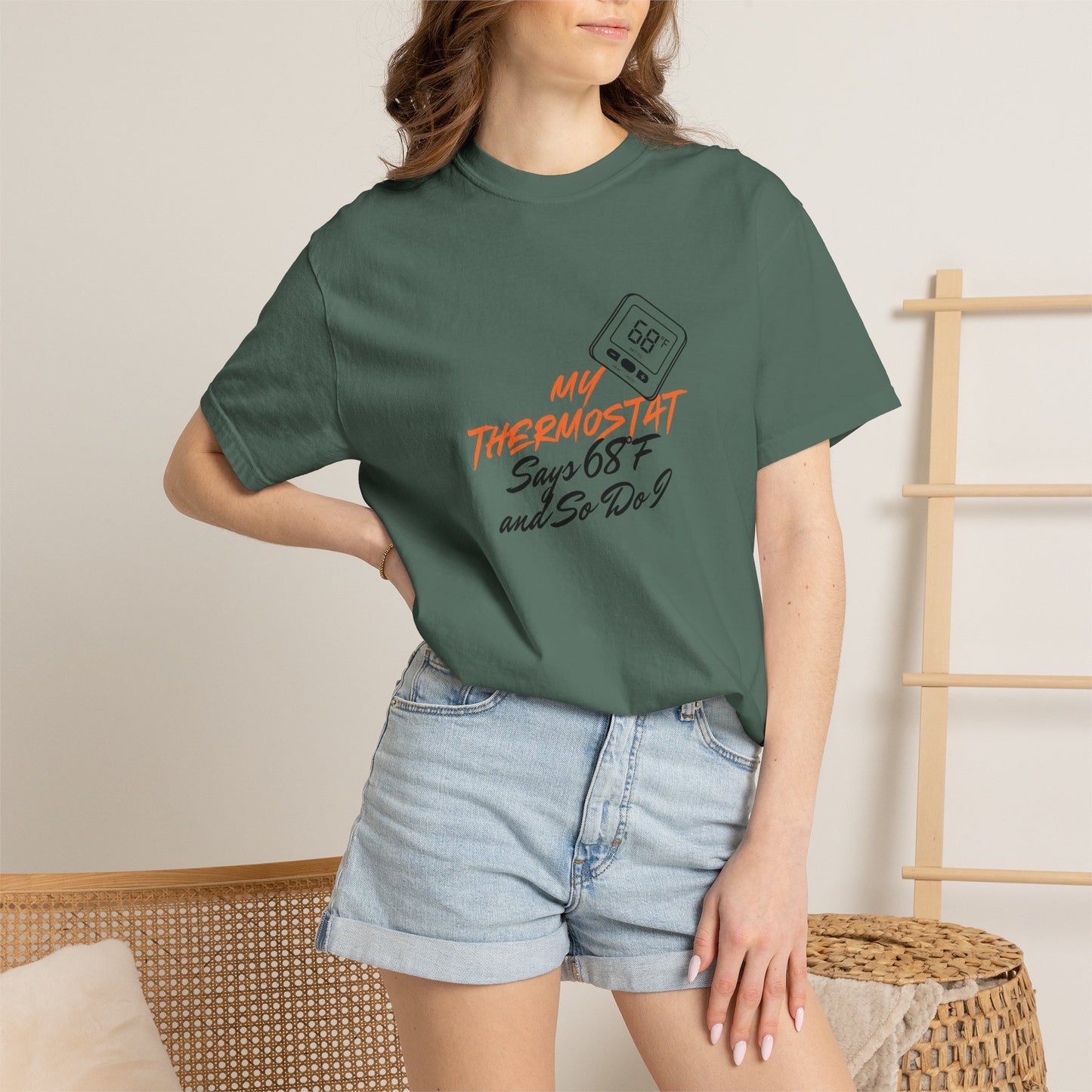 Vintage wash cotton tee in moss green with thermostat illustration centered
