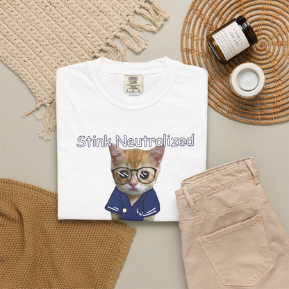 Vintage washed tee featuring quirky cat scientist with Stink Neutralized text