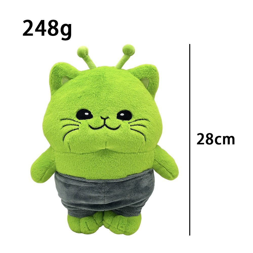 Viral green cat meme plushie alien anxiety cat front view