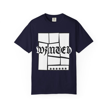 WANTED graphic tee in navy with distorted Old English typography