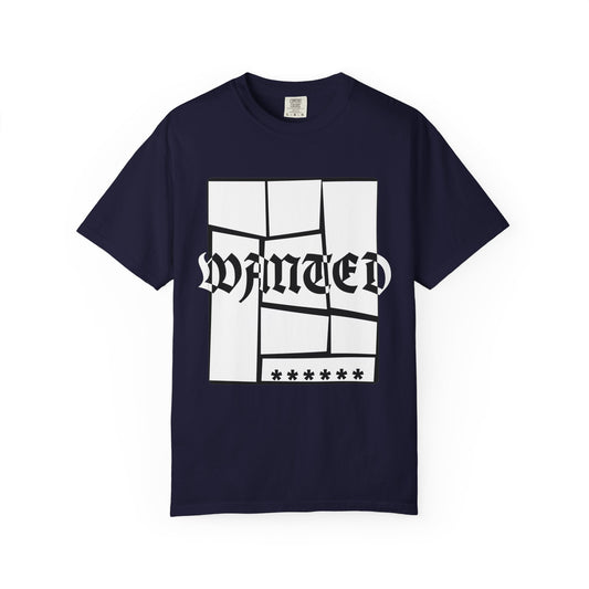 WANTED graphic tee in navy with distorted Old English typography