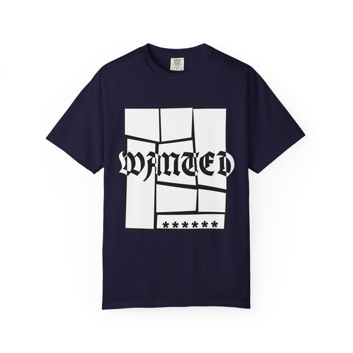 WANTED graphic tee in navy with distorted Old English typography