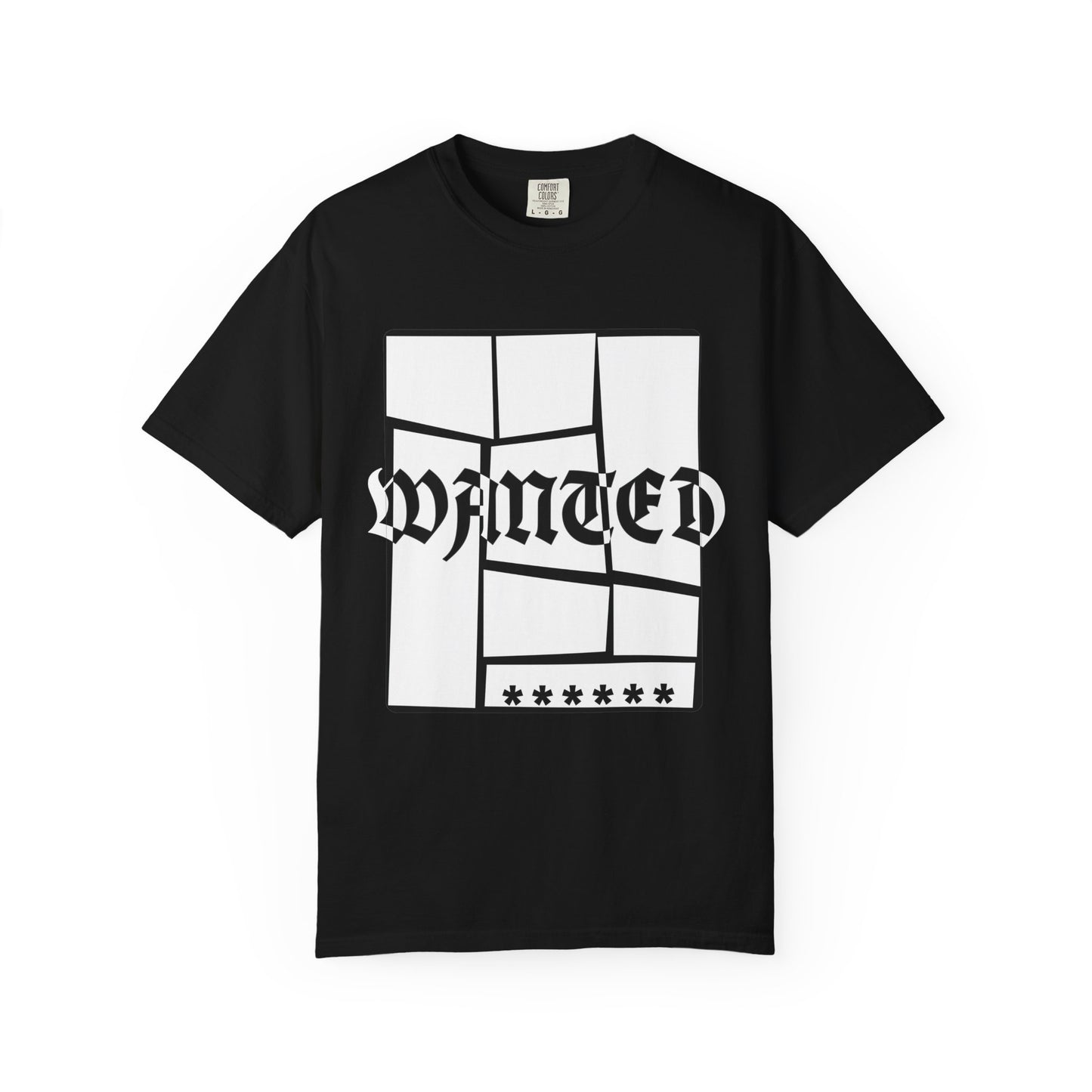 WANTED poster style graphic tee with distorted block lettering in navy