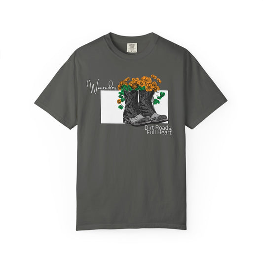 Wander Dirt Roads Full Heart graphic tee with vintage hiking boot wildflower design