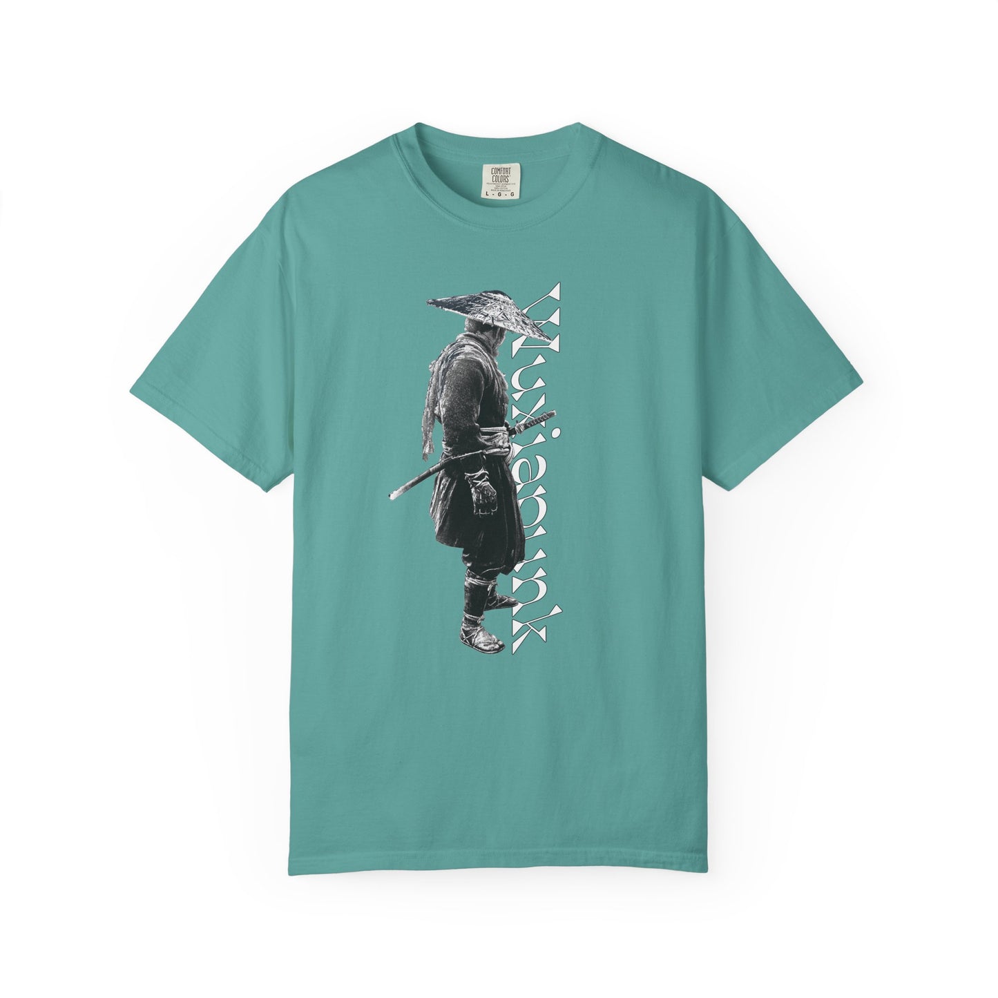 Wandering swordsman tee laid flat to show relaxed fit and drape
