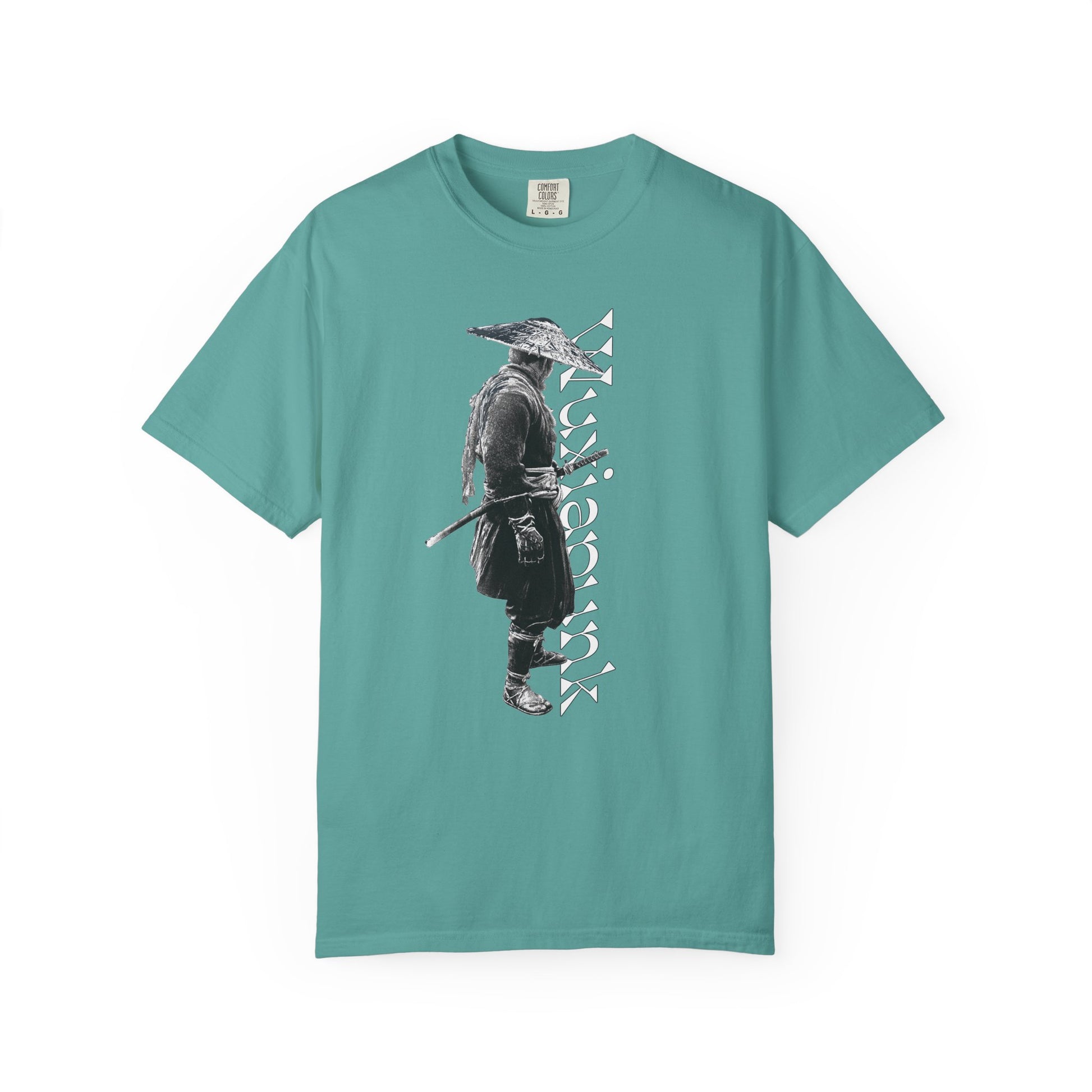 Wandering swordsman tee laid flat to show relaxed fit and drape
