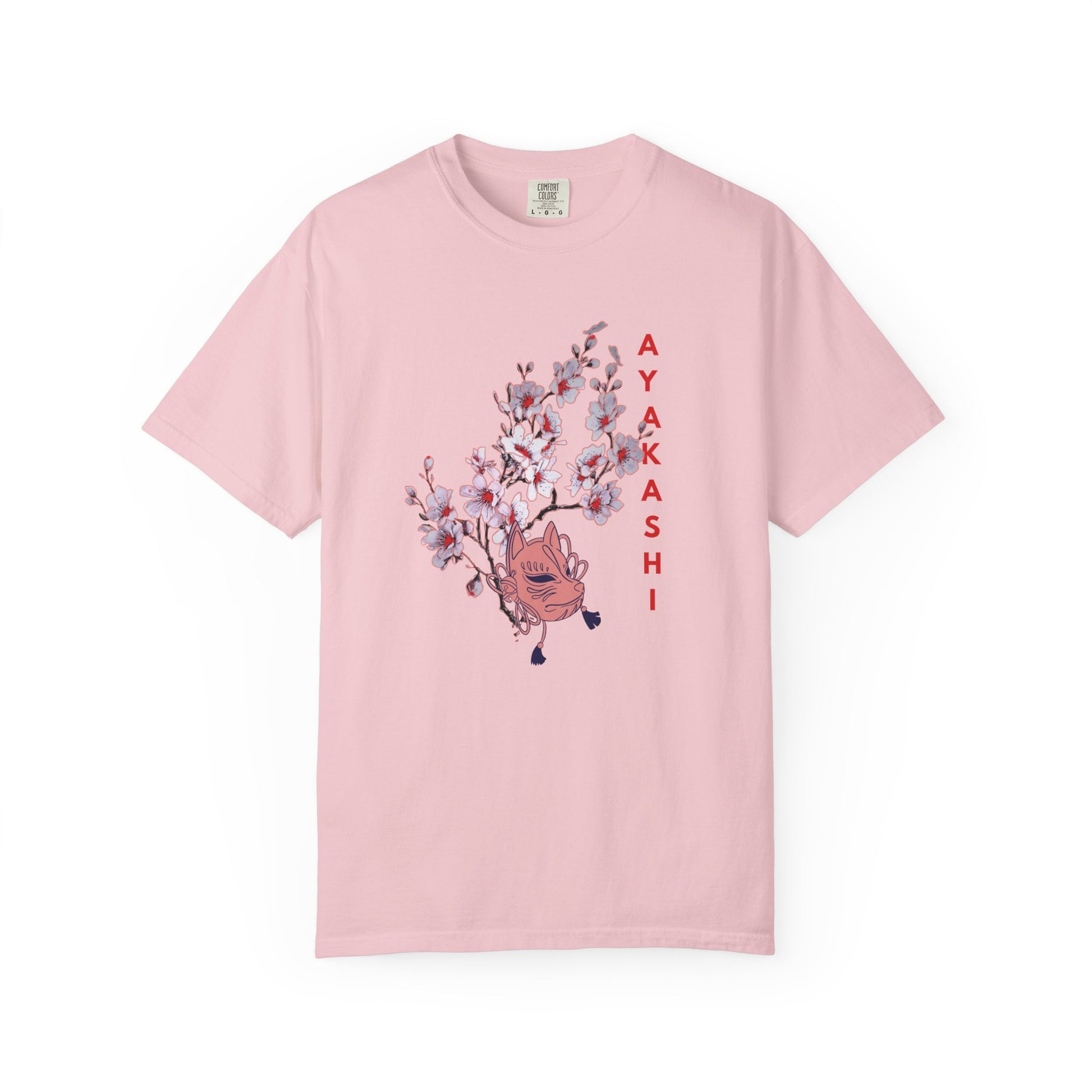 Washed cotton tee with AYAKASHI text and Japanese folklore graphic on front