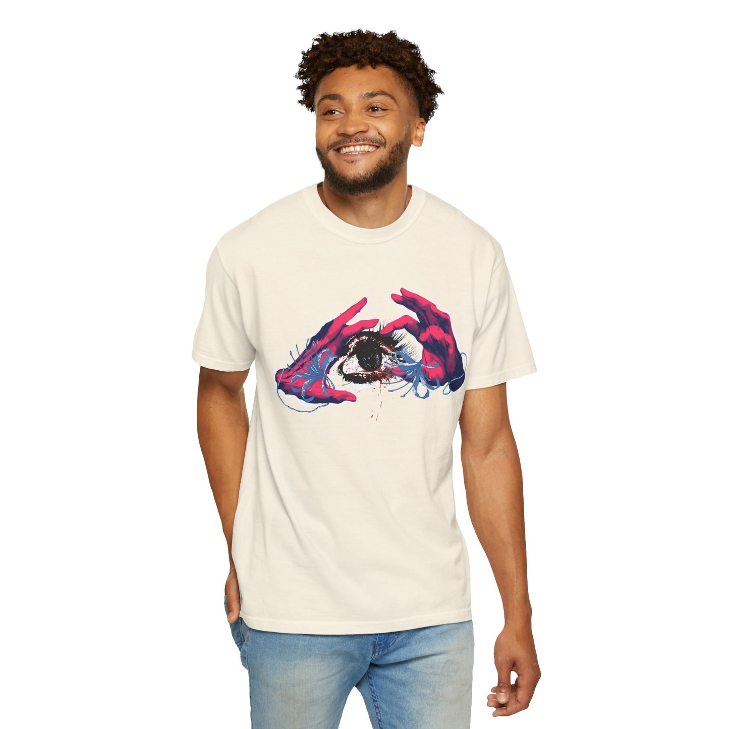 Weird art tee styled with dark denim in street setting