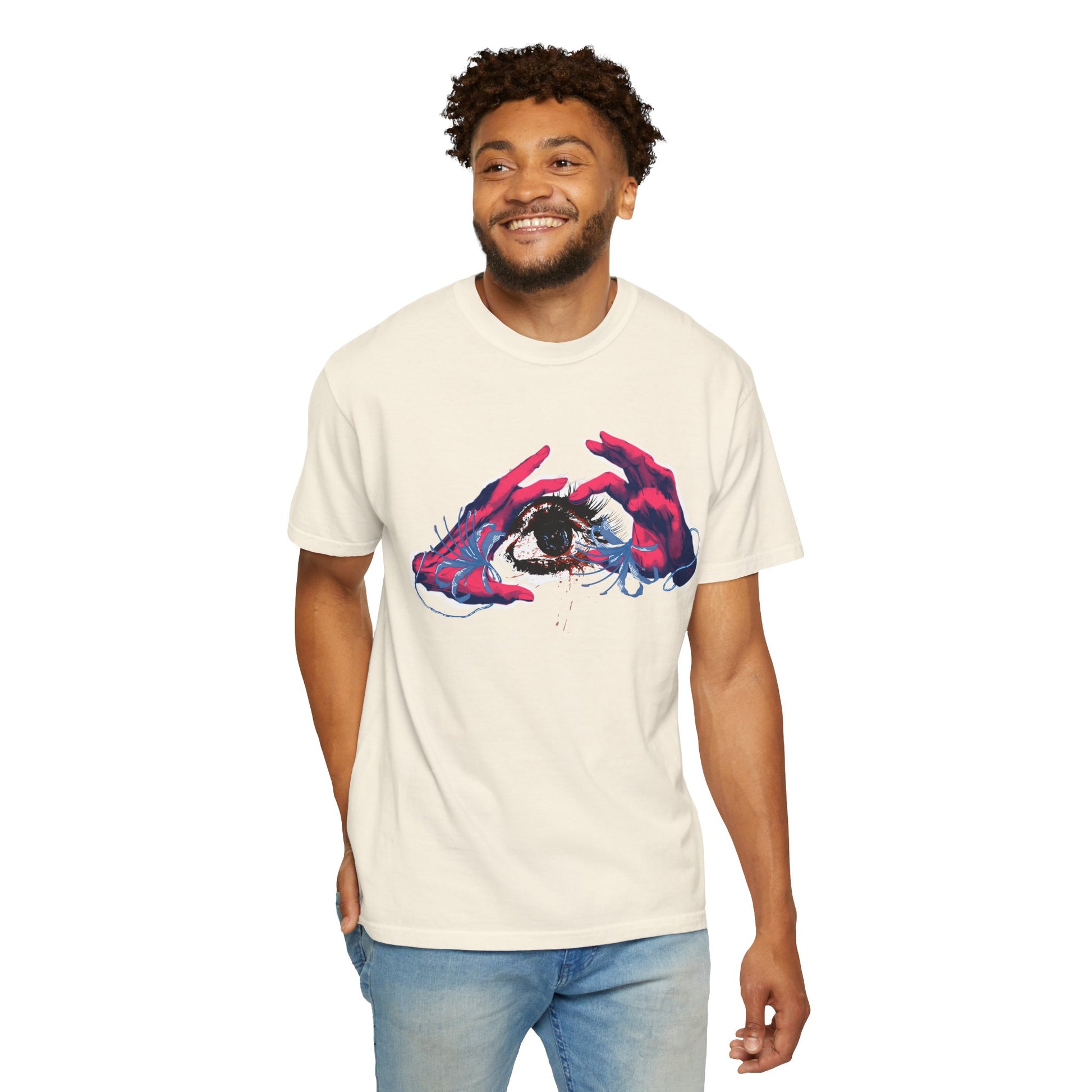 Weird art tee styled with dark denim in street setting