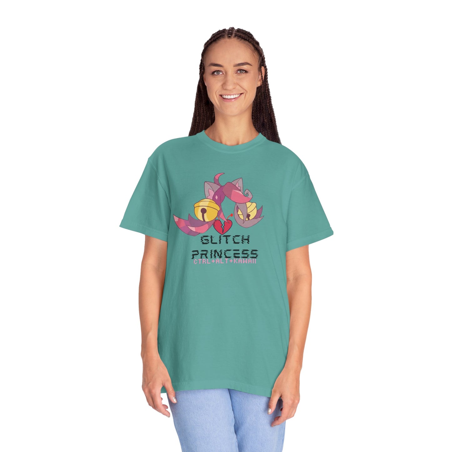 Weirdcore graphic tee dreamy liminal flat lay on a soft pastel surface
