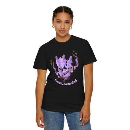 Wellness graphic tee modeled in outdoor natural light garden setting front view