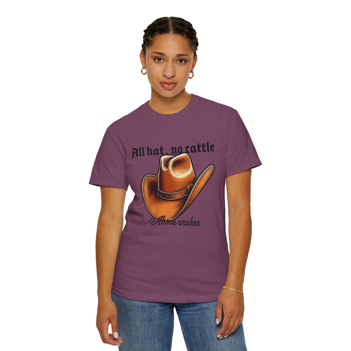 Western graphic t-shirt photographed against open prairie scenery

