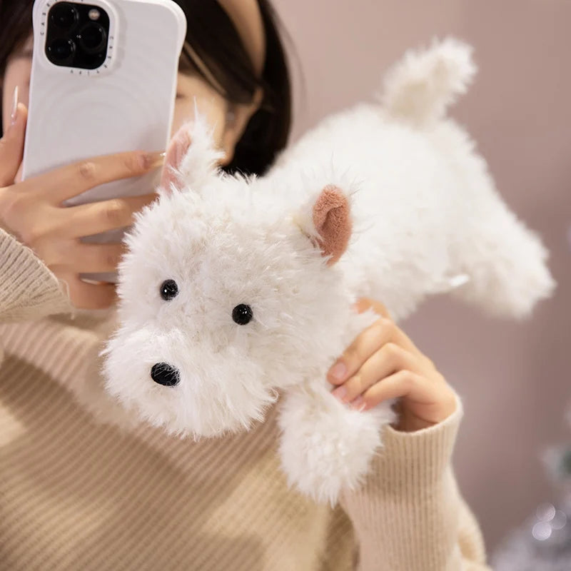 Westie plush toy comparison showing all three sizes: 43cm, 65cm, and 90cm