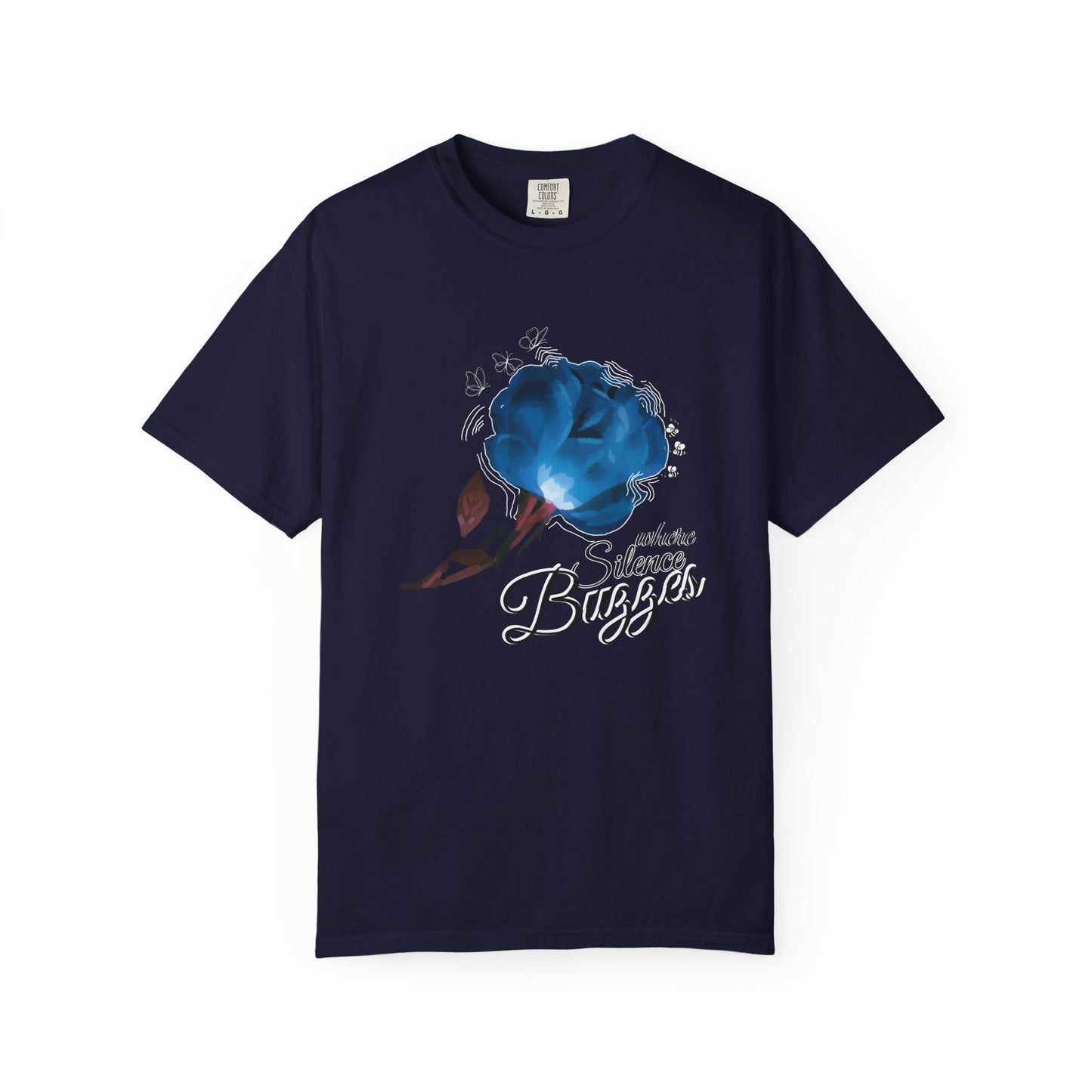 Where Silence Buzzes garden print tee worn casually styled with linen and jeans