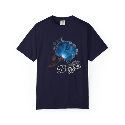 Where Silence Buzzes garden print tee worn casually styled with linen and jeans