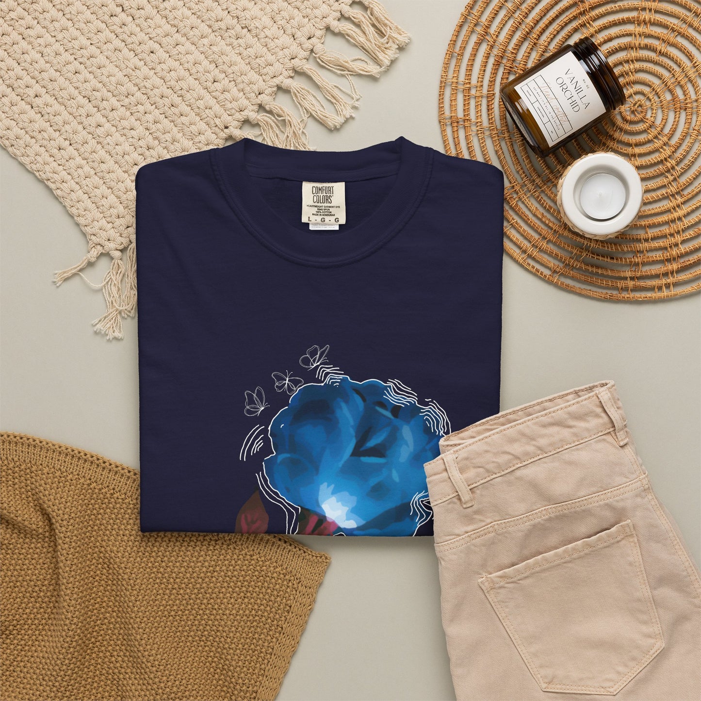 Where Silence Buzzes pollinator art shirt gifted in kraft paper with dried botanicals garden styling
