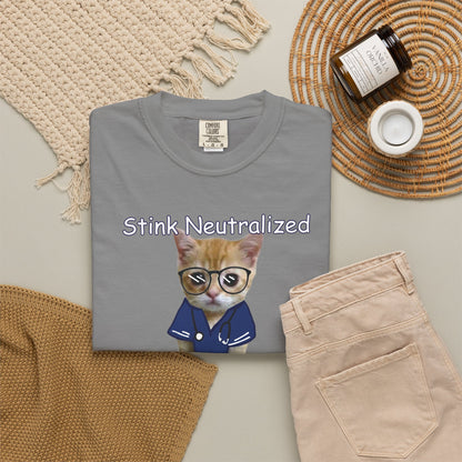 Whimsical kitten in glasses and robe graphic on vintage washed cotton tee