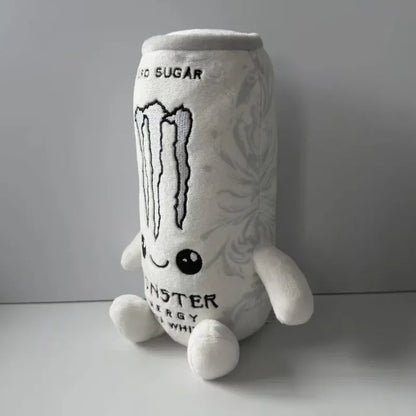 White Monster Energy can plush toy on white background