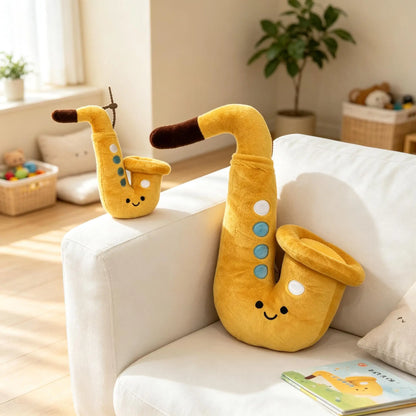 White and brown saxophone plushie color variants side by side