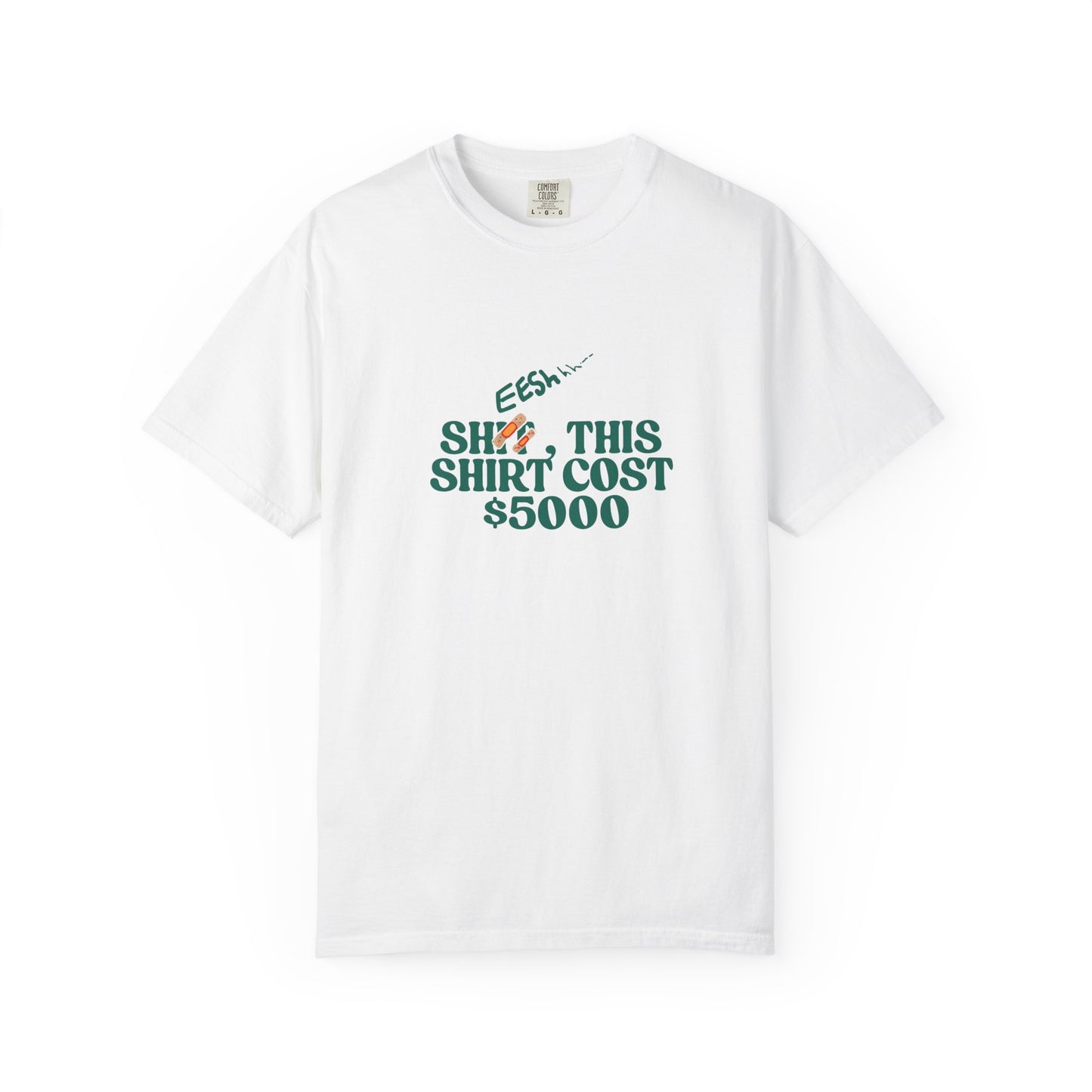 White heavyweight garment-dyed t-shirt with humorous graphic print on front