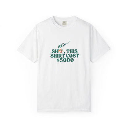 White heavyweight garment-dyed t-shirt with humorous graphic print on front