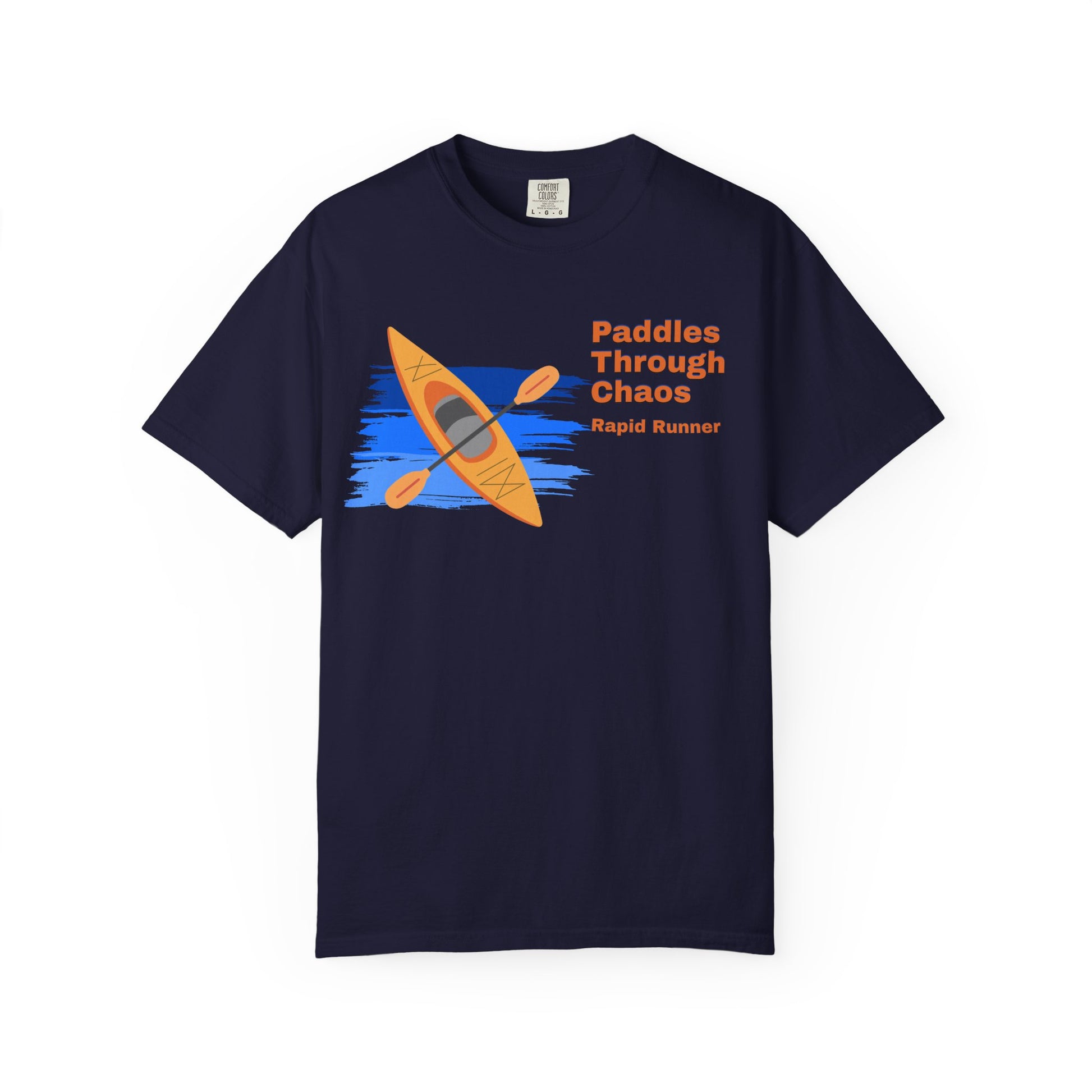Whitewater kayaking graphic t-shirt with yellow kayak paddling through blue rapids