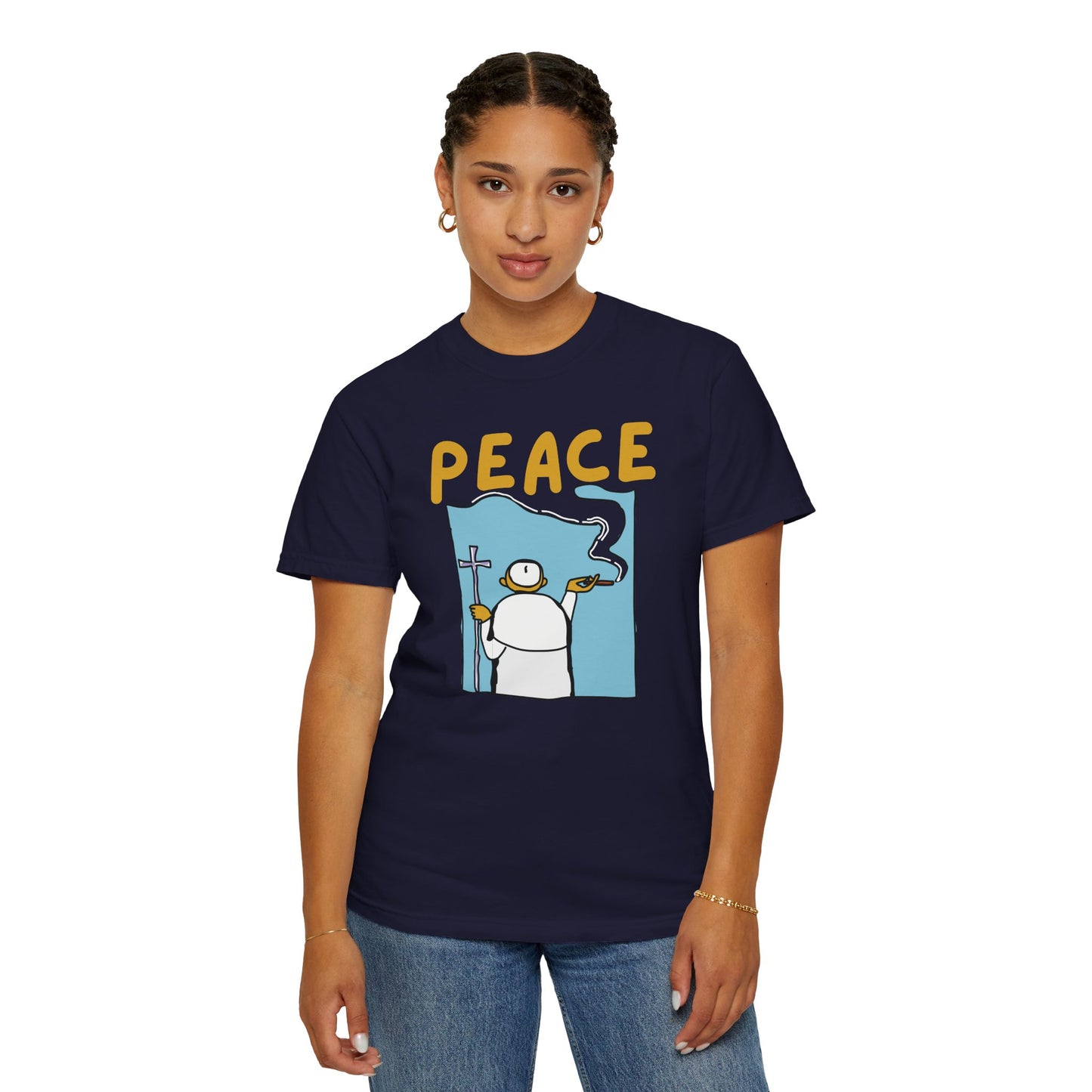 Wholesome meme merchandise peace tee size chart display graphic